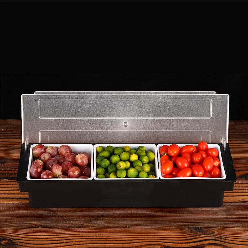 FEOOWV Fruit Veggie Condiment Caddy with Lid, 3 Compartment Plastic Dispenser Tray for Catering Dips Toppings, Serving Taco, Ice Cream, Fruit, & Salad Bar Garnish Organizer for Restaurant Supplies - Image 5
